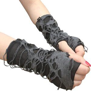 Women's Punk Fingerless Gloves Arm Warmers Black Broken Slit Ripped Gothic Glove